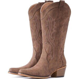 Women's Chunky Heel Mid Calf Snip Toe Western Elegance Embroidery Brown Boots